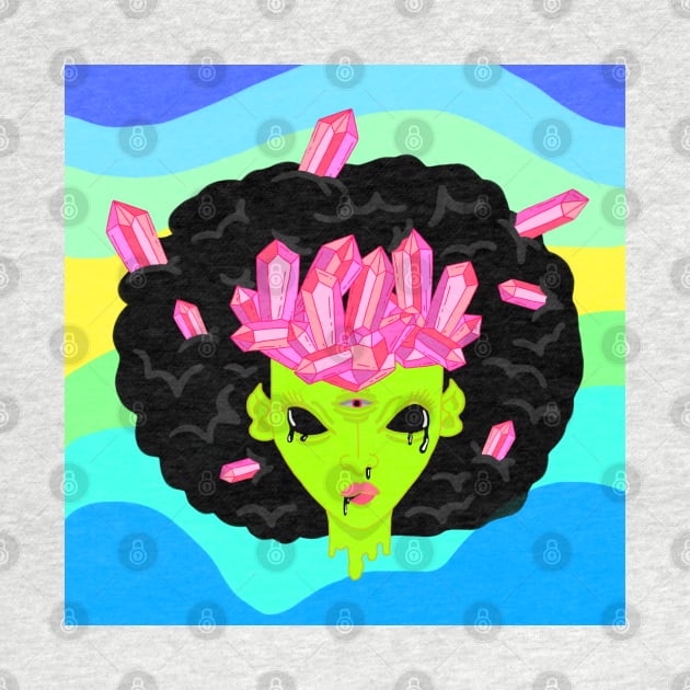 Crystallized green Alien girl with fro and 3rd eye by VantaTheArtist